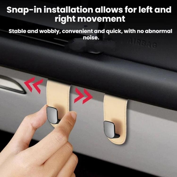 Car interior hook organizer with beige strap and black base for side mounting