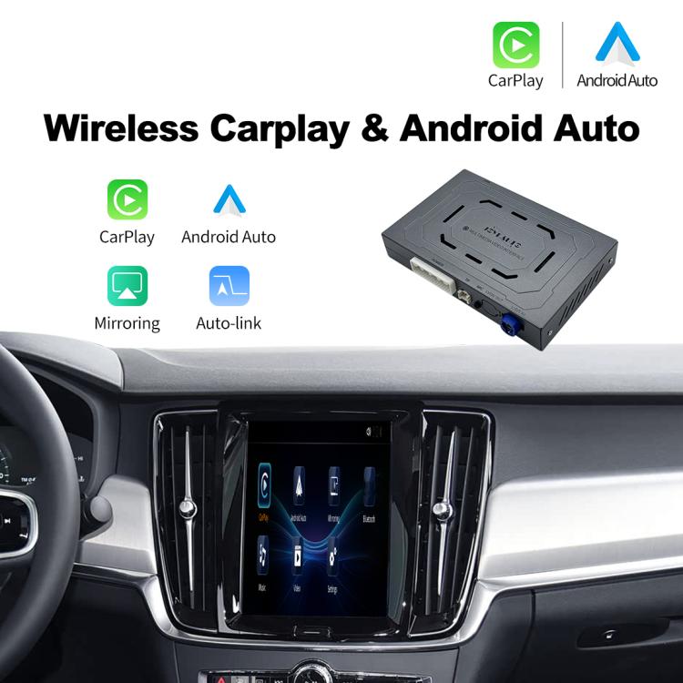 Wireless CarPlay and Android Auto interface module installed in car dashboard with screen on