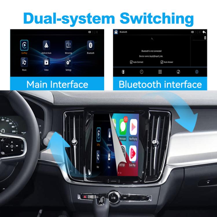 In-dash wireless CarPlay/Android Auto interface showing main and Bluetooth screens