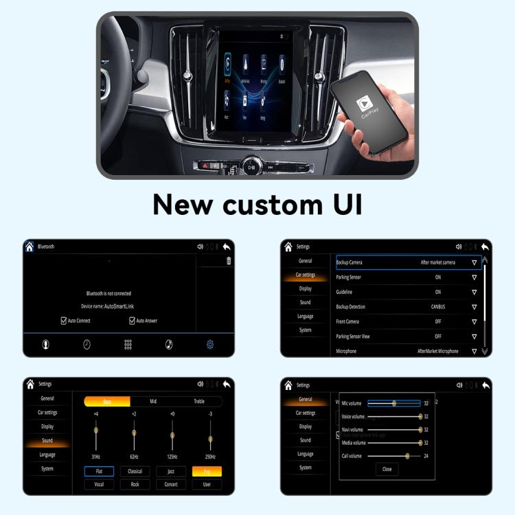 Car infotainment interface with phone connected and custom UI settings screens