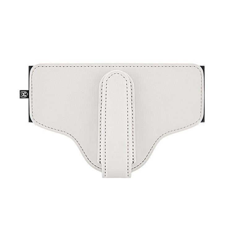 Car seat belt shoulder pad positioner in beige/cream, padded cover with stitched center strap