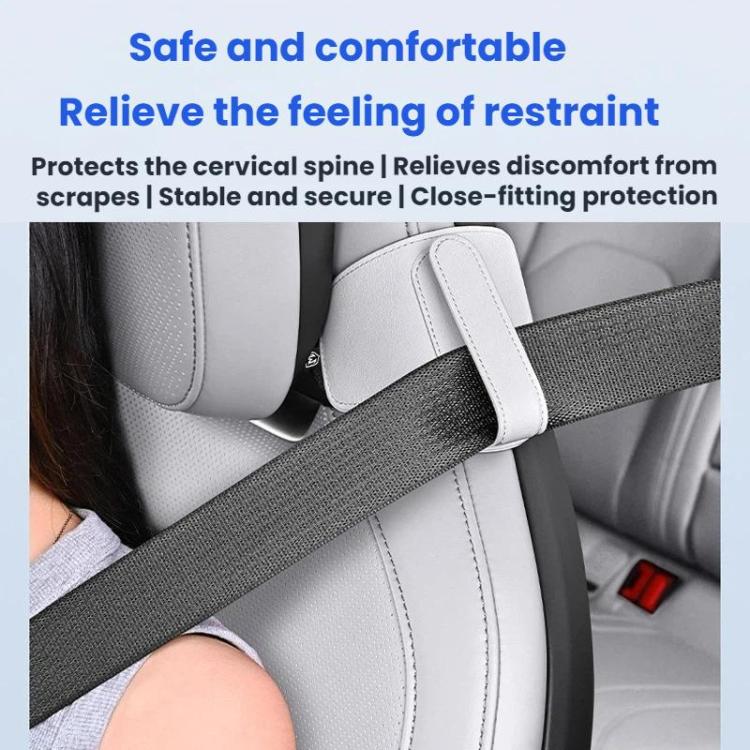 Car seat belt shoulder pad positioner in dark gray/black with stitched center panel on belt