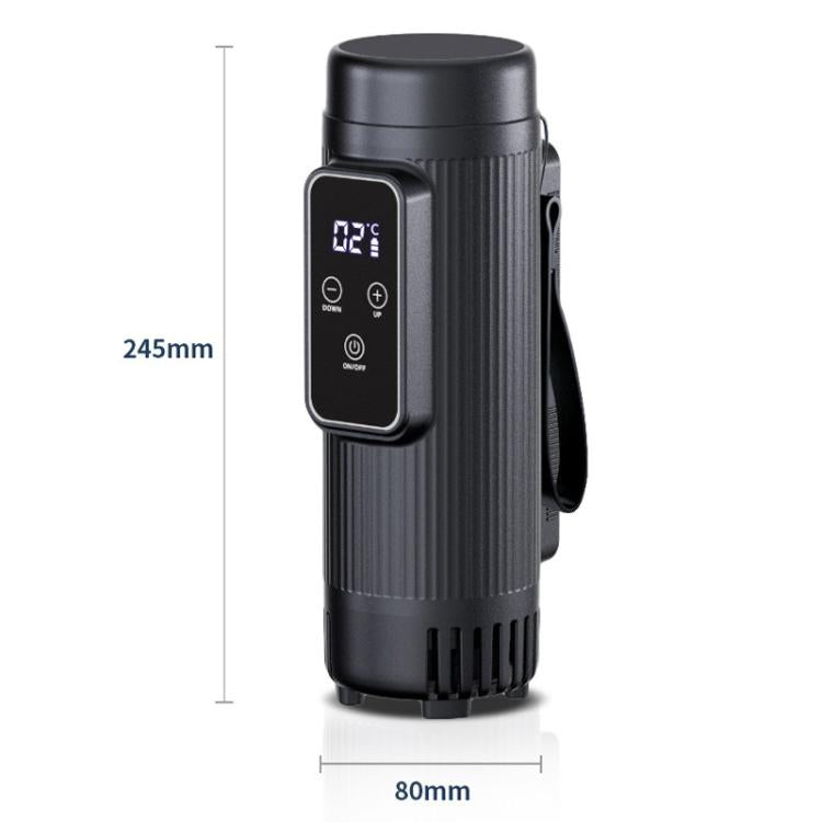 Portable cooling cup, black cylindrical body with 0°C screen and handle