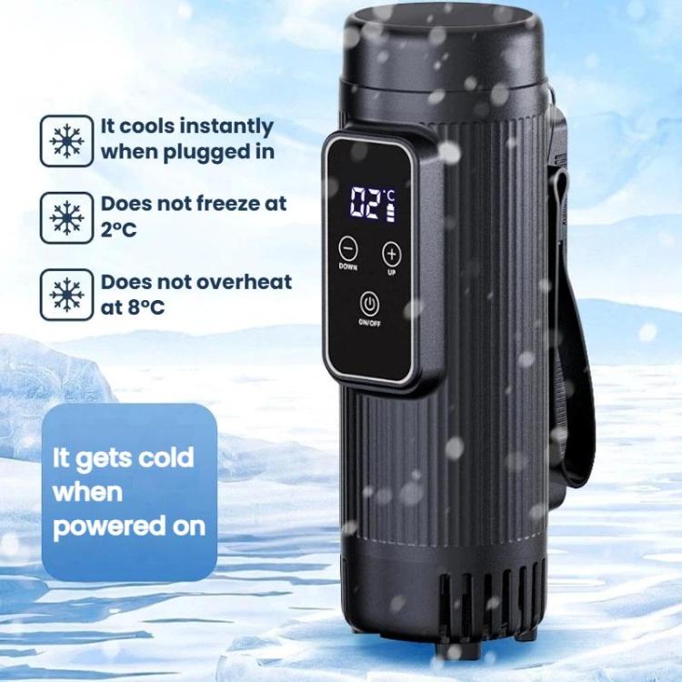 Dark portable medication cooling cup showing temperature on front LCD panel