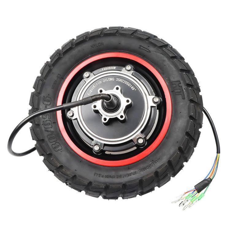 Rear wheel motor tire for scooter, black off-road tread with red rim ring