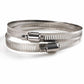 Stainless steel strap hose clamp with perforated band and screw housing, close-up