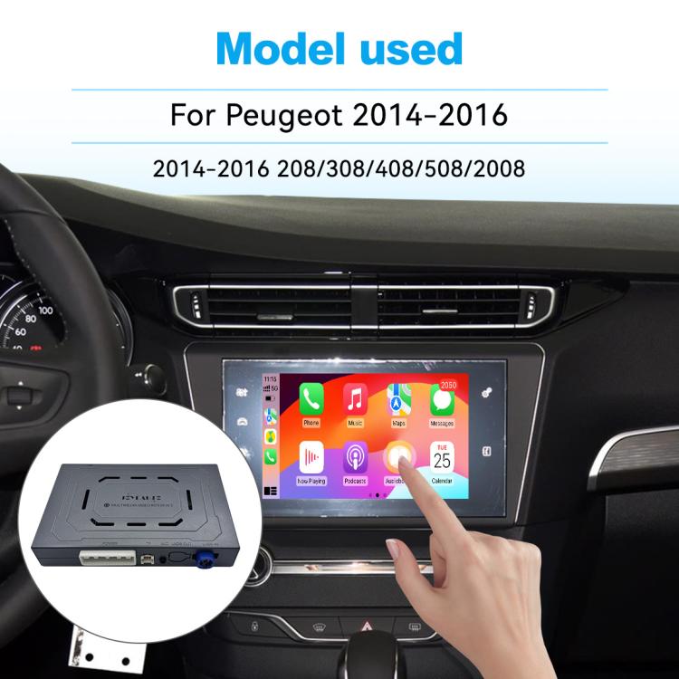 Wireless CarPlay module installed near car infotainment screen for Peugeot models