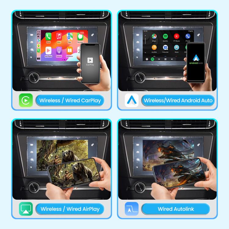 Wireless CarPlay and Android Auto shown on car screen with smartphone preview