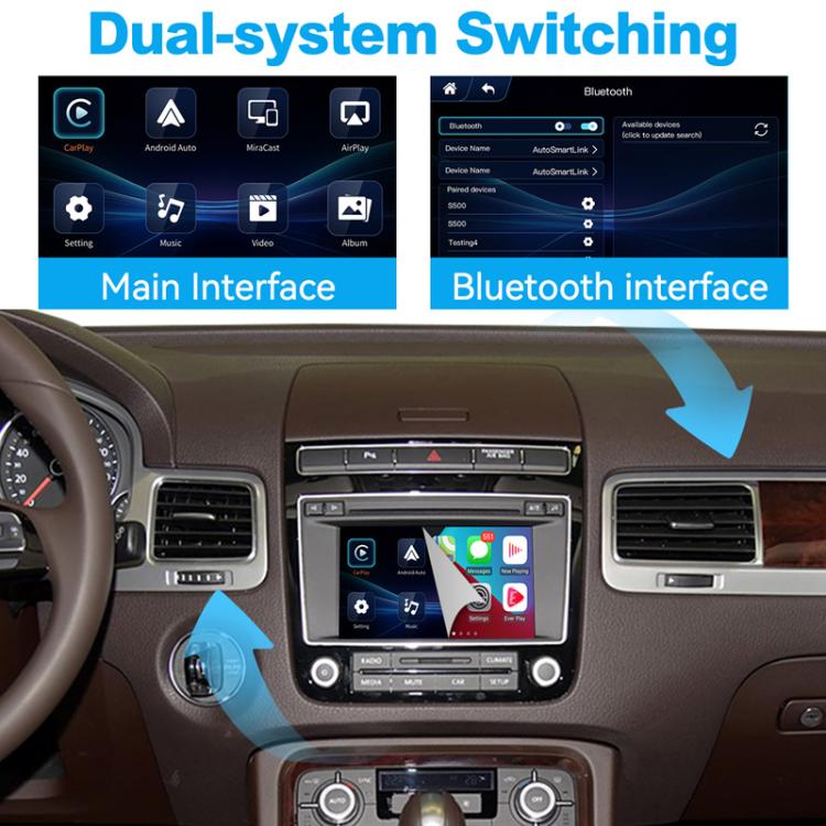 Wireless CarPlay module showing dual-system switching on the car screen