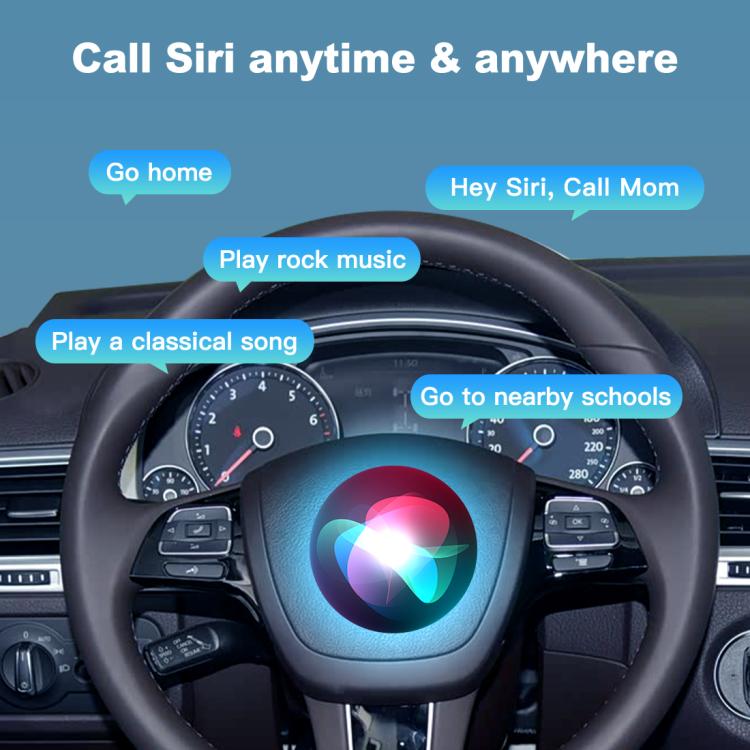 Wireless CarPlay module with steering wheel and voice assistant UI on screen