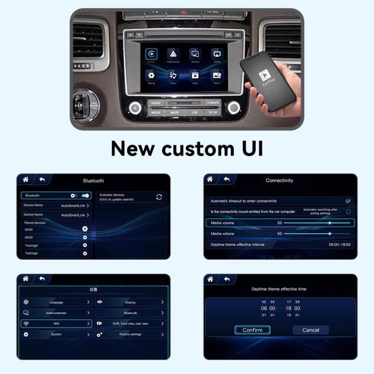 Wireless CarPlay module UI screenshots with connectivity and Bluetooth menus