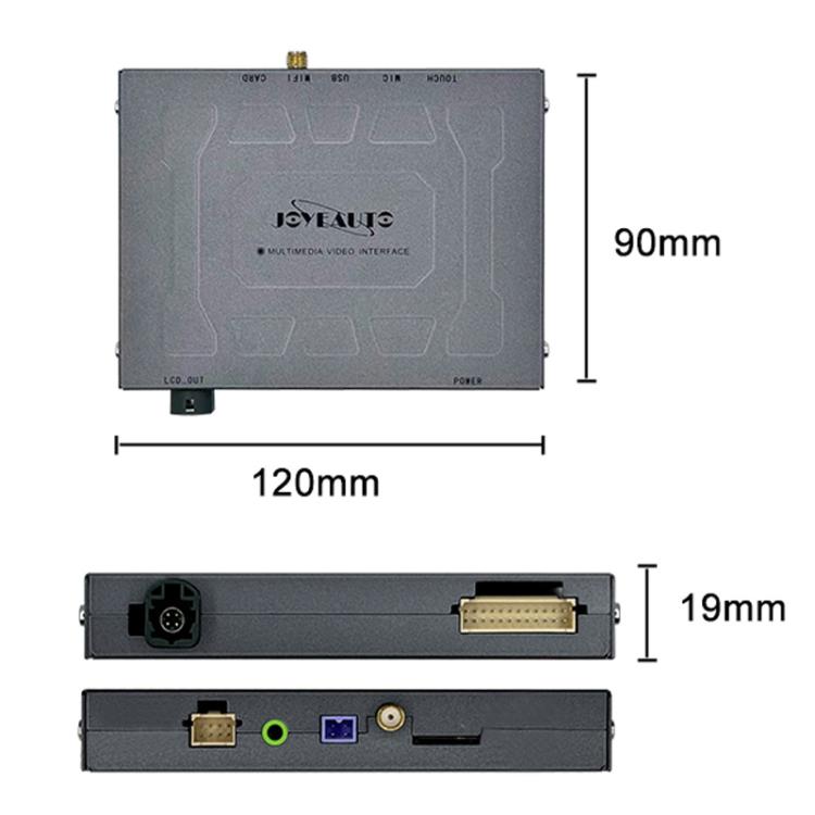 Wireless CarPlay module dimensions diagram with front and side port views