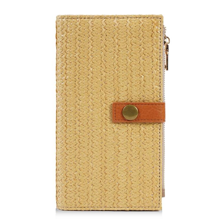 Beige straw-weave long wallet with side zipper and brown leather snap tab