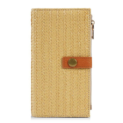 Beige straw-weave long wallet with side zipper and brown leather snap tab