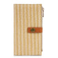 Beige straw-weave long wallet with side zipper and brown leather snap tab detail