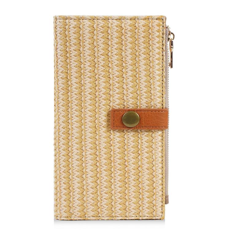 Beige straw-weave long wallet with side zipper and brown leather snap tab detail