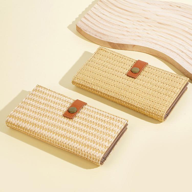 Beige straw-weave long wallet clutch with brown snap tab, shown in two angles
