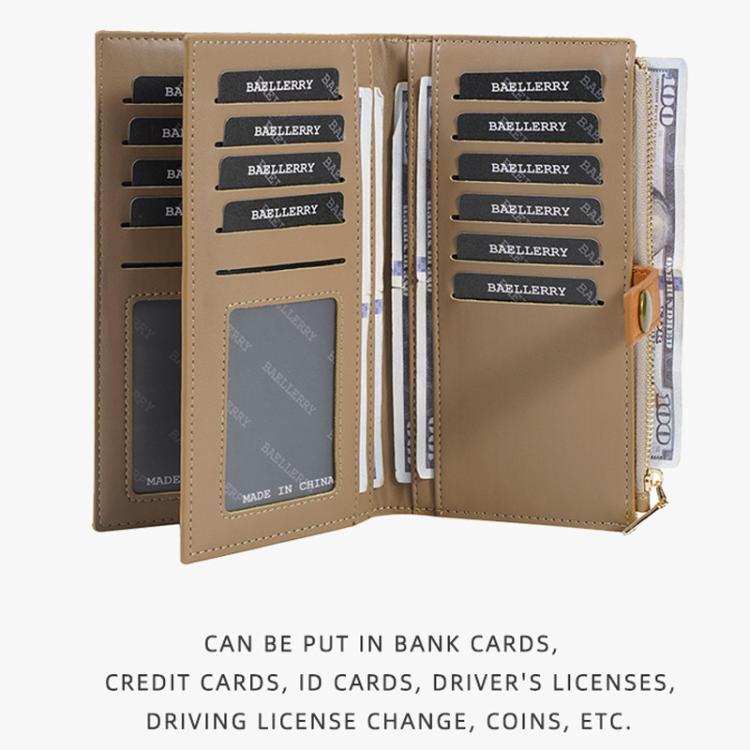 Beige long wallet open, showing card slots and coin area with zipper closure