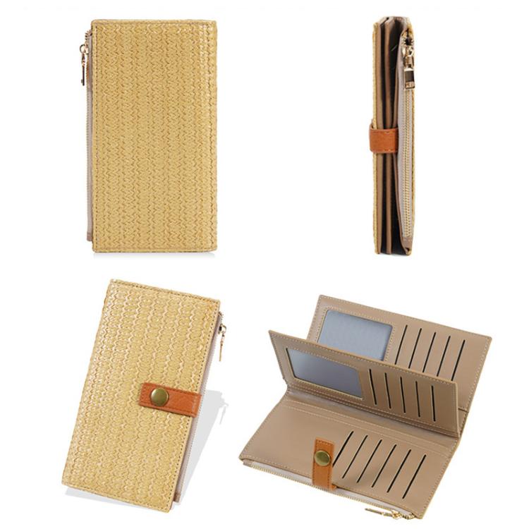Beige straw-weave long wallet set showing exterior, side view, and open card holder