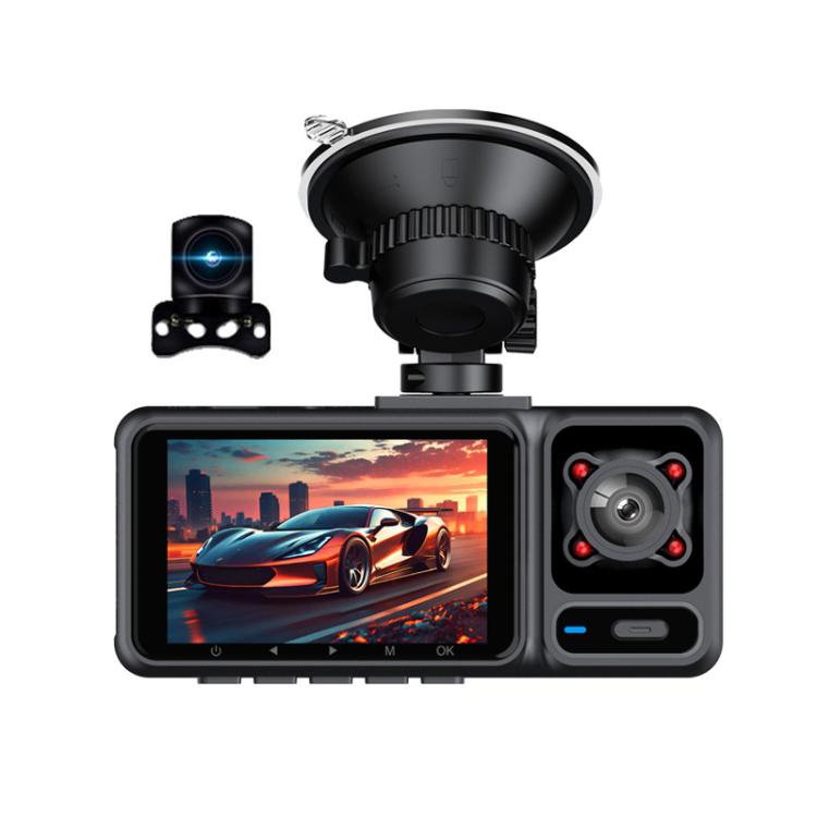 Dashcam with 2-inch screen, front camera module, and interior/rear lens housing