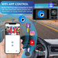 Wi‑Fi dashcam app control shown on smartphone with camera unit in car