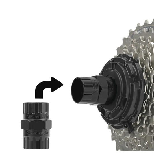 Bike freewheel removal socket tool for cassette and threaded freewheels, black.