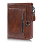 Men's brown compact leather wallet with front card pocket, zipper, and metal key ring