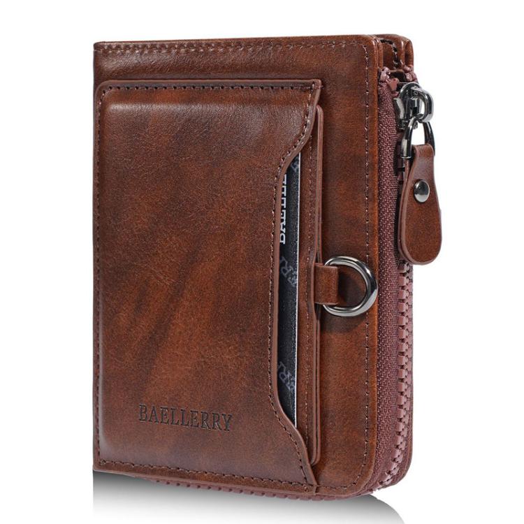 Men's brown compact leather wallet with front card pocket, zipper, and metal key ring