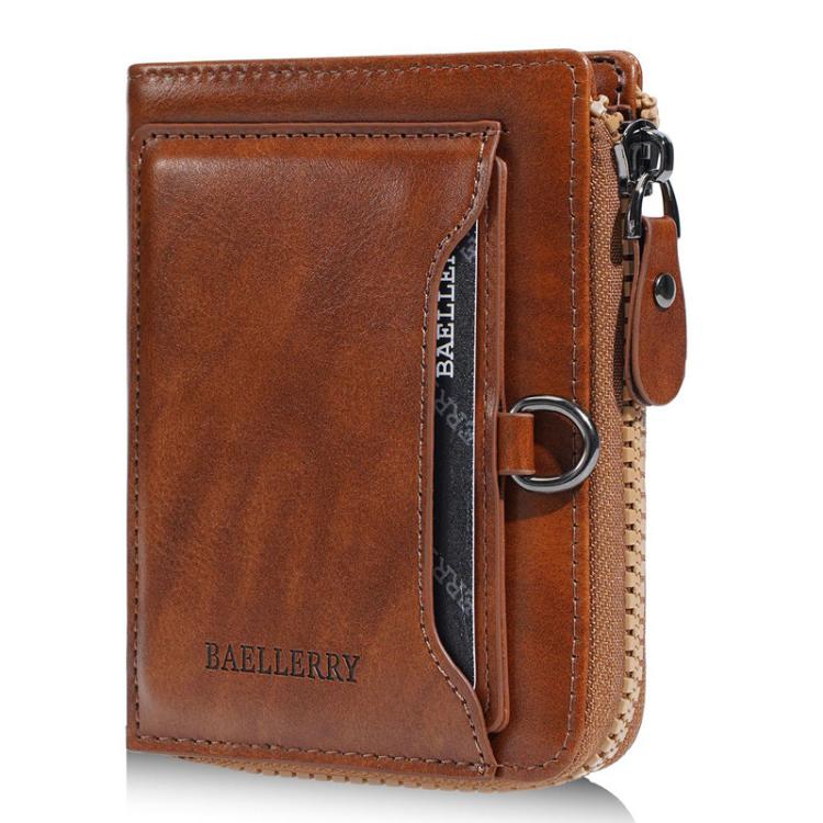 Men's tan compact leather wallet with front card pocket, zipper, and metal key ring