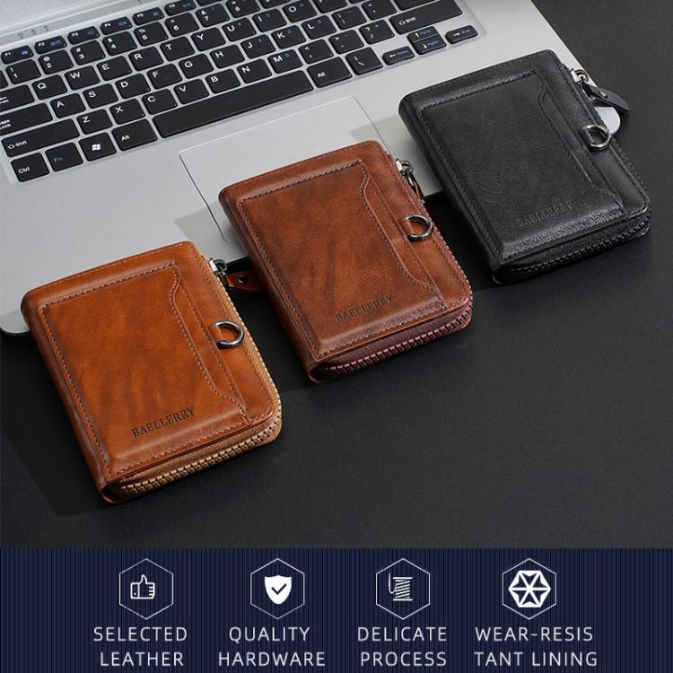 Men's compact leather zip wallets in brown and black, with metal key rings