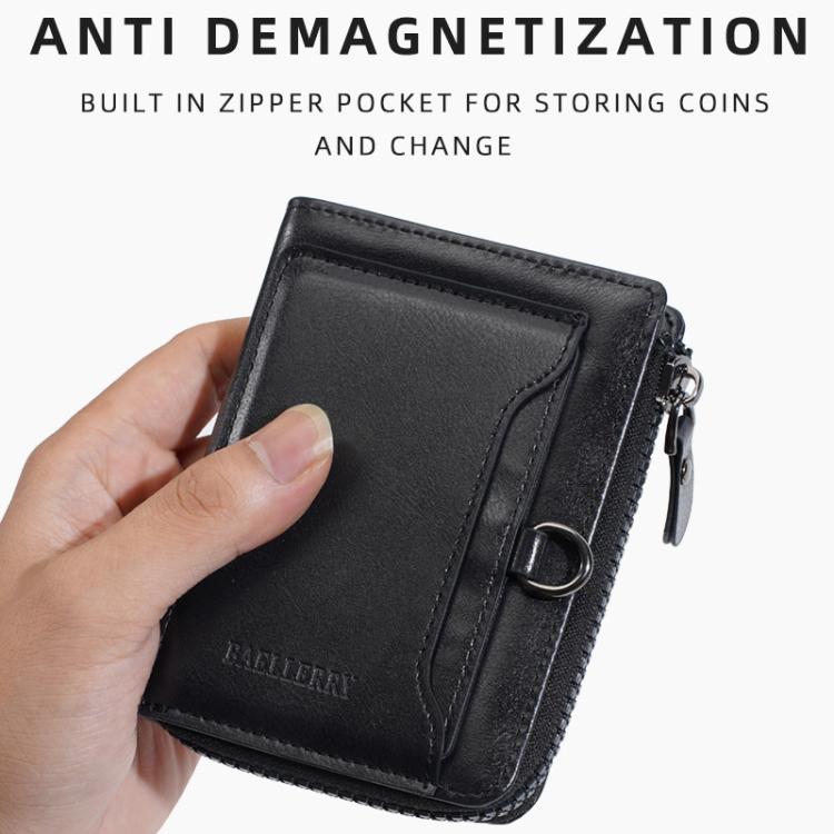 Hand holding black compact leather wallet with front card pocket and zipper