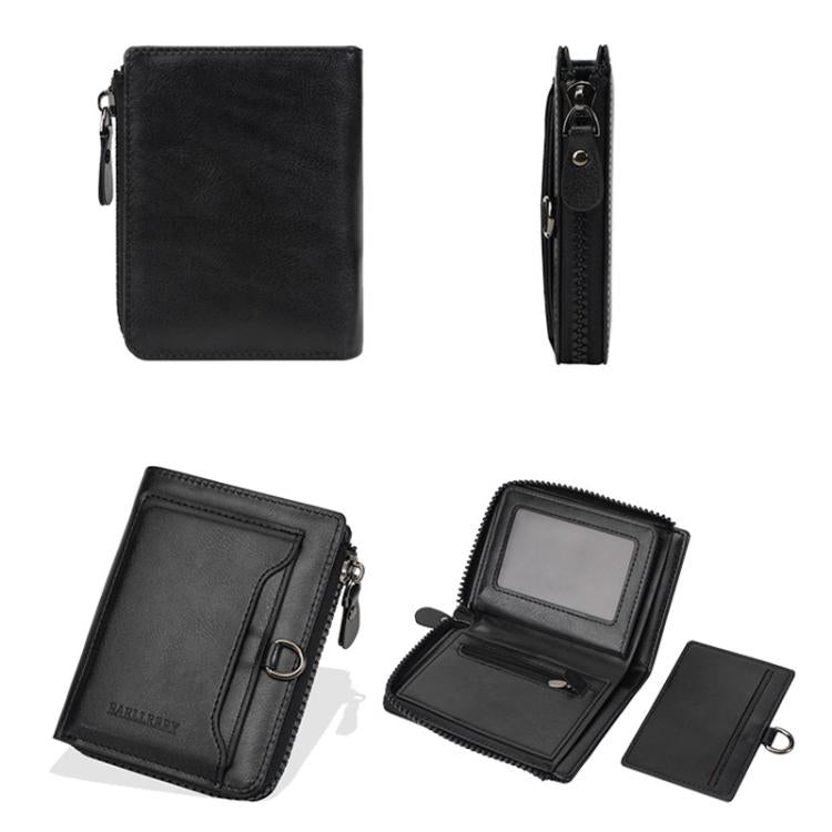 Black compact leather wallet with zipper, key ring, and inner card slot pocket