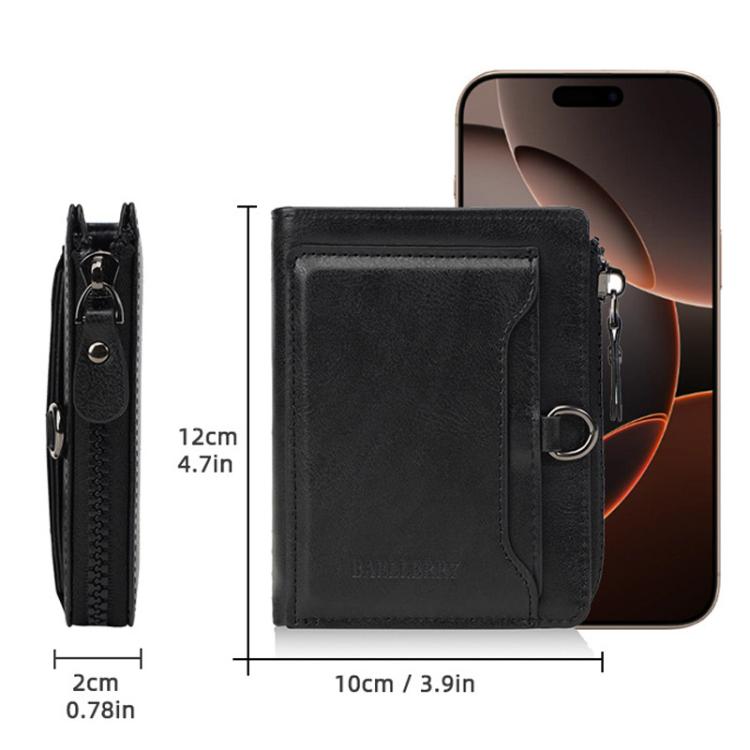 Black compact leather wallet with zipper and metal key ring, shown with size guide