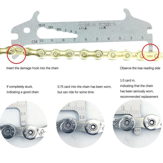 BIKERSAY chain wear indicator with damage hooks and metal ruler markings for chain
