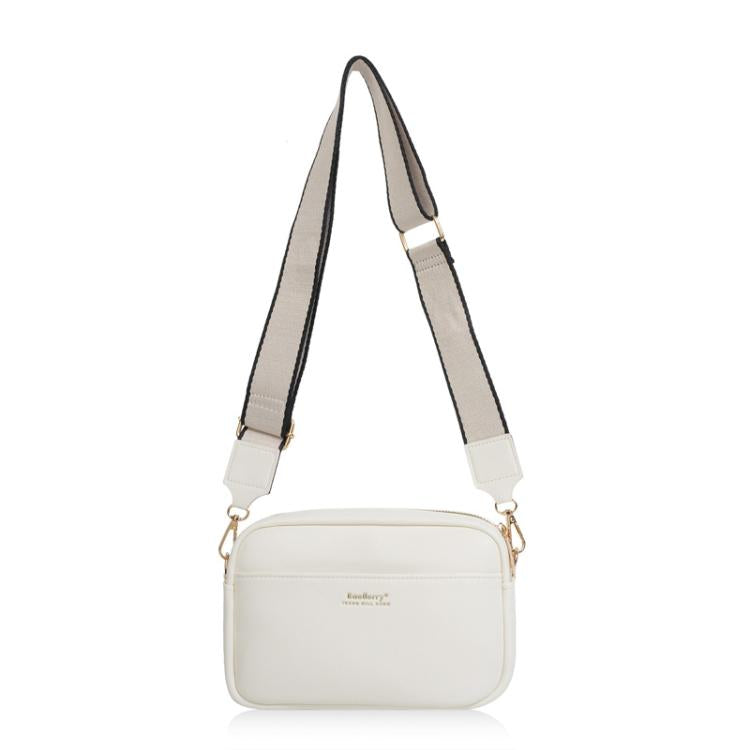 White square zippered crossbody pouch with adjustable web strap and gold-tone hardware.