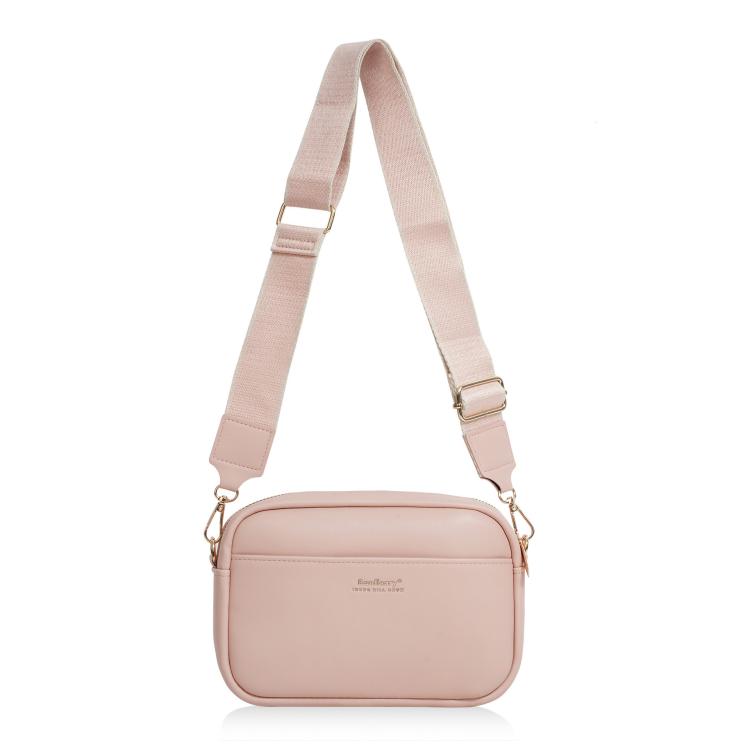 Pink square zippered crossbody bag with adjustable strap and gold-tone hardware.