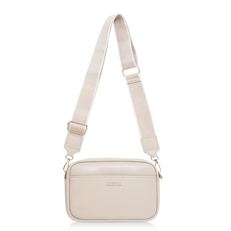 Light beige square zippered crossbody pouch with adjustable web strap and gold-tone hardware.