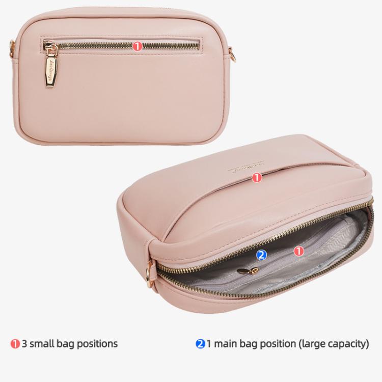 Pink square crossbody pouch with front zipper, slim profile, and open main compartment.