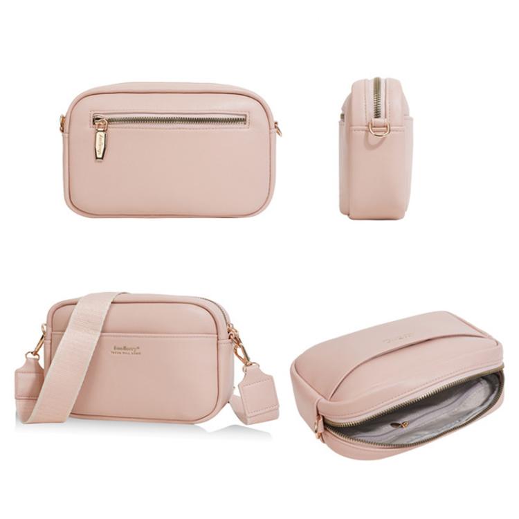 Pink square crossbody zipper pouch with front zip and adjustable strap, minimalist design