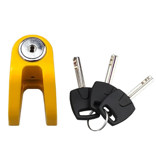 Orange disc brake lock with U-shaped clamp and two keys