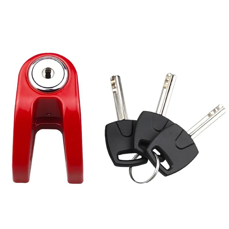 Red disc brake lock with U-shaped clamp and two keys