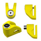 Yellow disc brake lock with U-shaped clamp, bolt, and keys