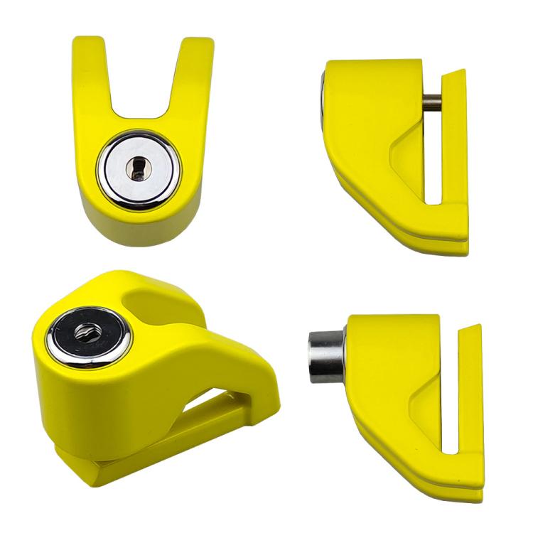 Yellow disc brake lock with U-shaped clamp, bolt, and keys