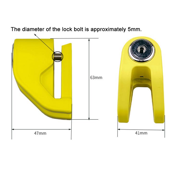 Yellow disc brake lock with size diagram and key bolt (47mm, 63mm)