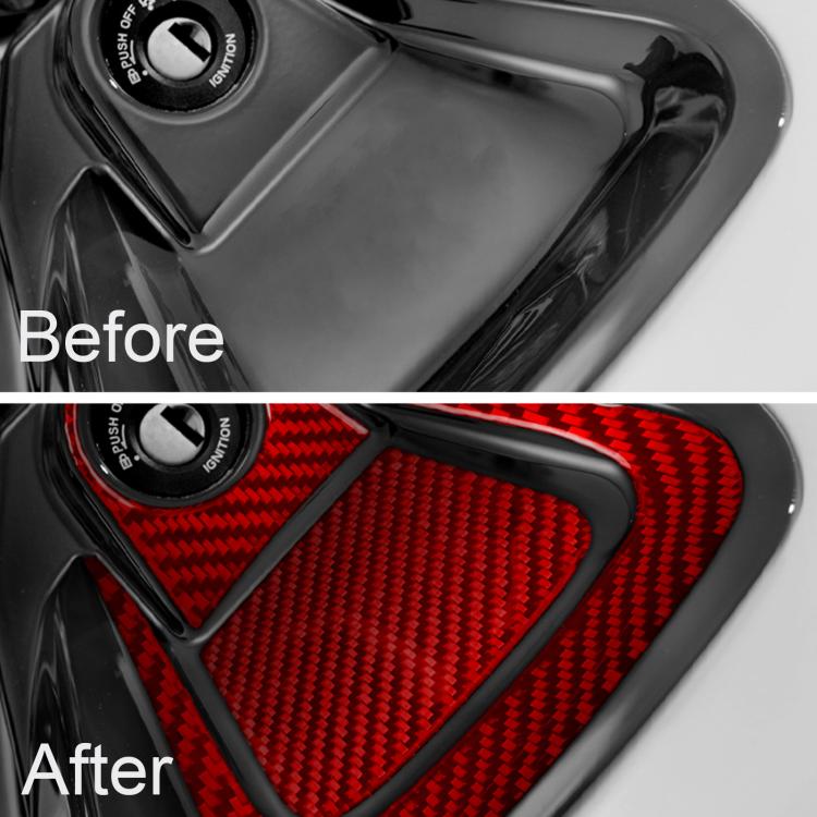 Red carbon-fiber ignition zone sticker with triangular surround around ignition switch