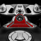 Red carbon-fiber ignition zone decal surround on dashboard near the ignition switch