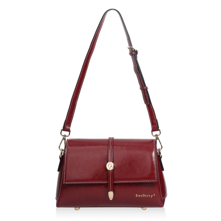 Red waxed leather small square crossbody bag with metal buckle and shoulder strap