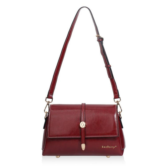 Red waxed leather small square crossbody bag with metal buckle and shoulder strap