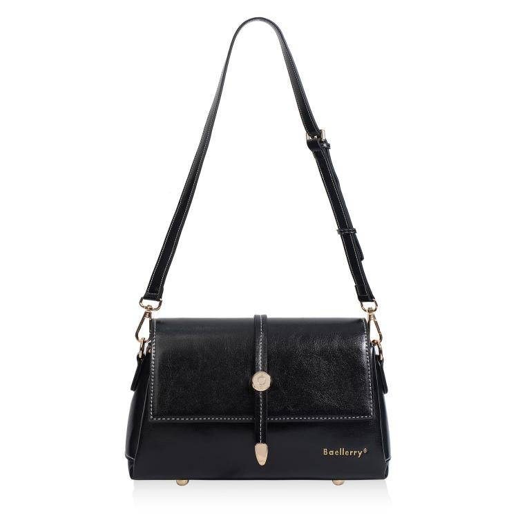 Black waxed leather small square crossbody bag with metal buckle and shoulder strap