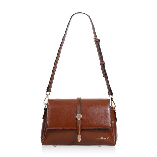 Brown waxed leather small square crossbody bag with metal buckle and shoulder strap